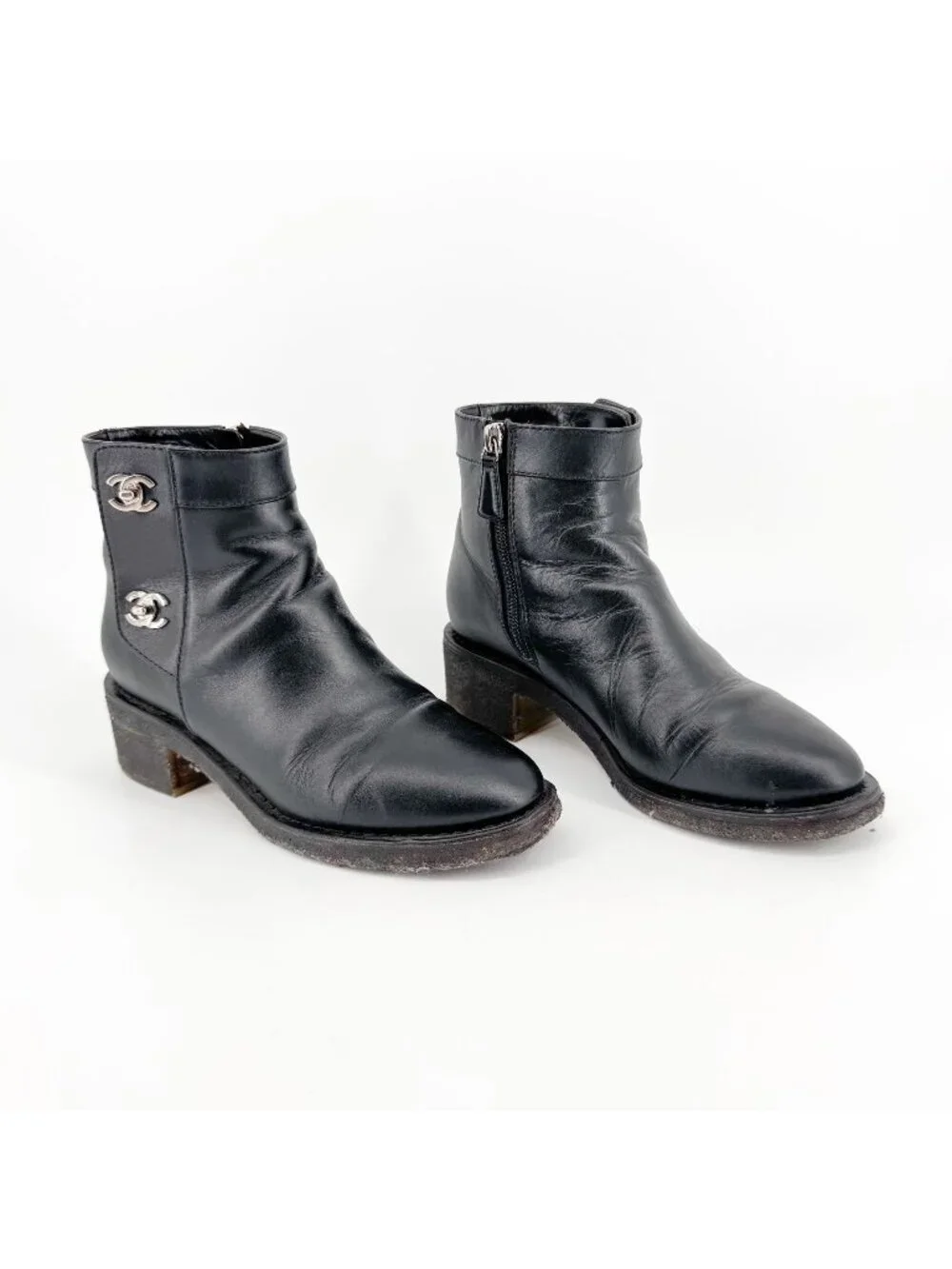 Chanel CC Turnlock Ankle Boot Size 36.5 US 5.5-6 Black Leather Moto Biker Bootie